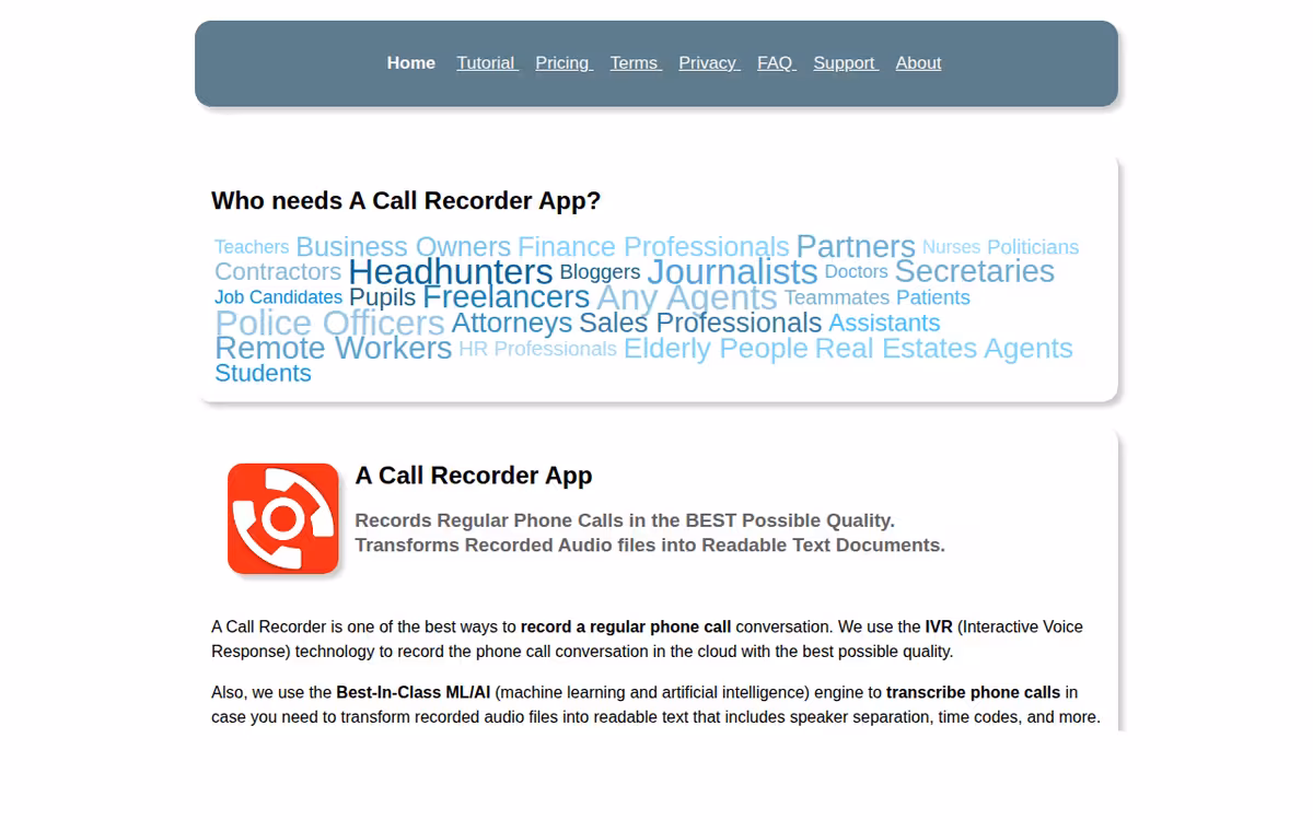 Acallrecorder homepage screenshot