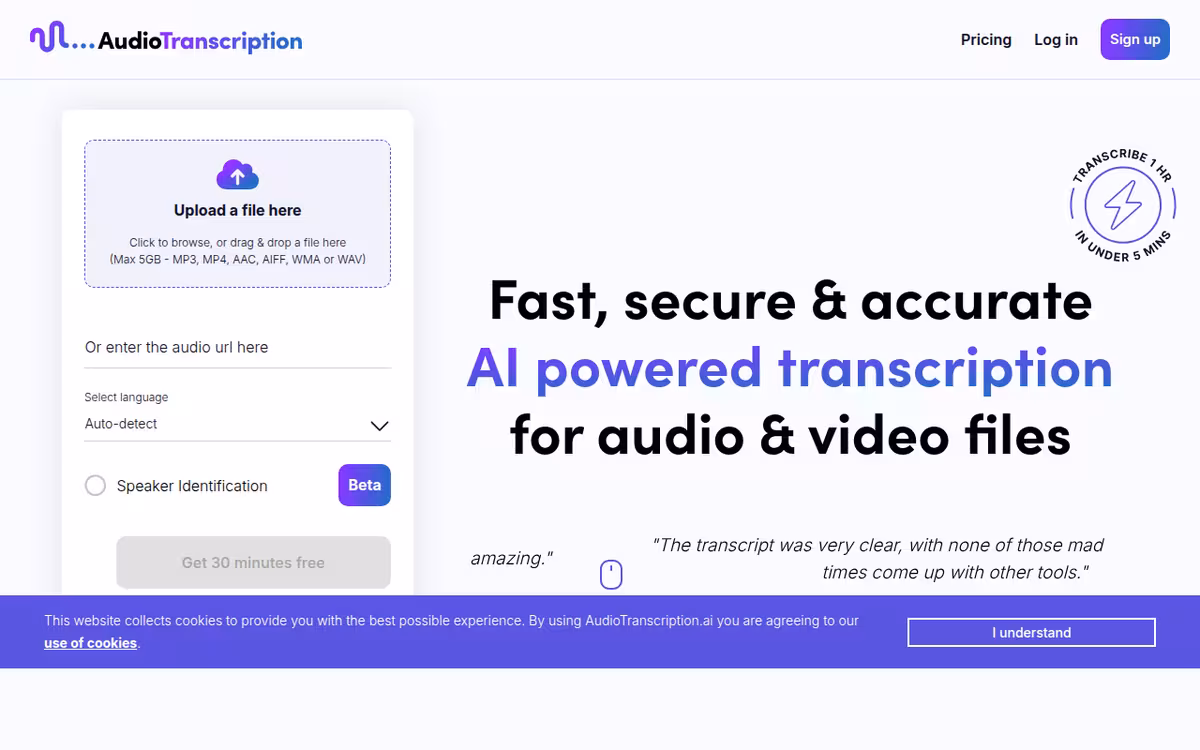 AudioTranscription homepage screenshot