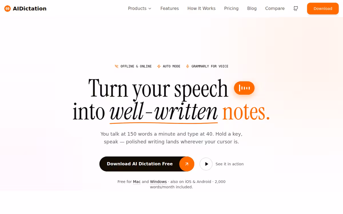 AI Dictation homepage screenshot