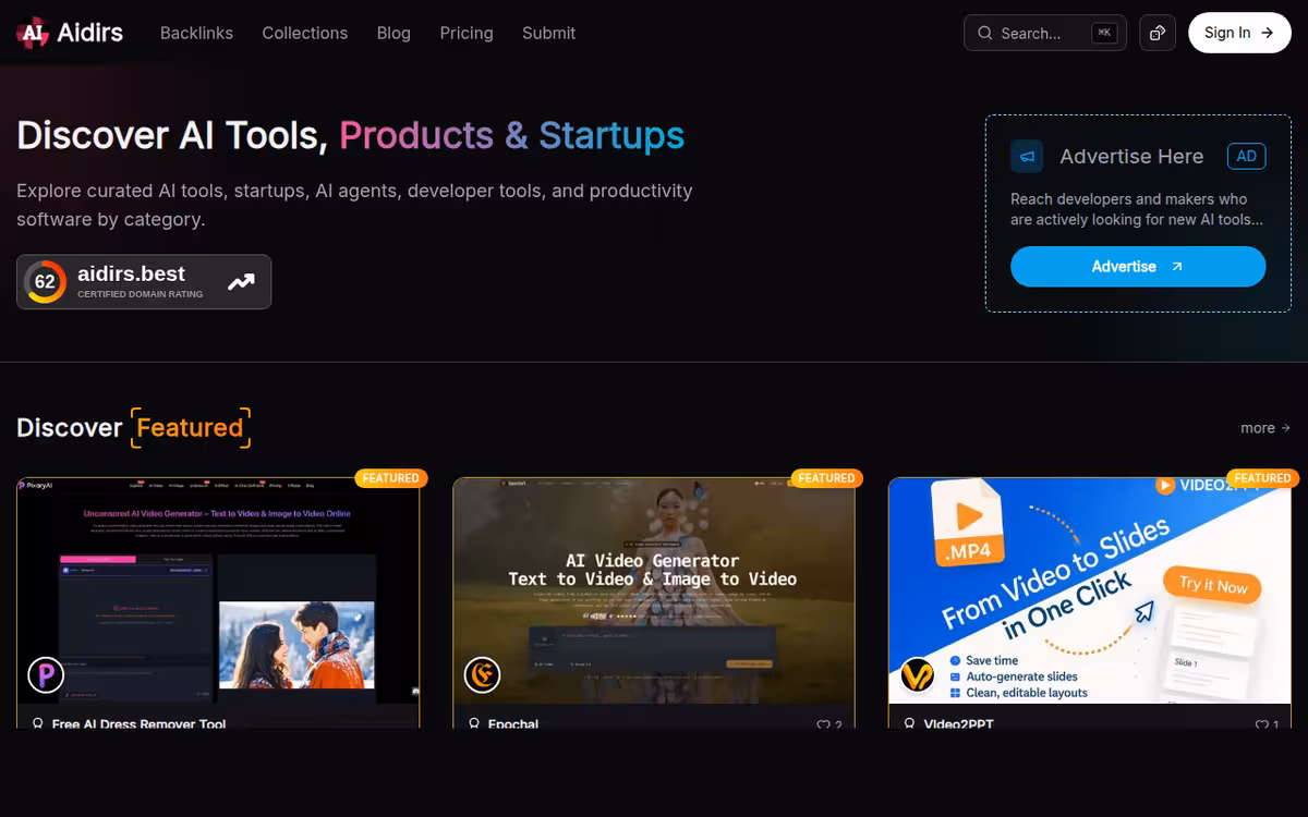 AiDirs homepage screenshot