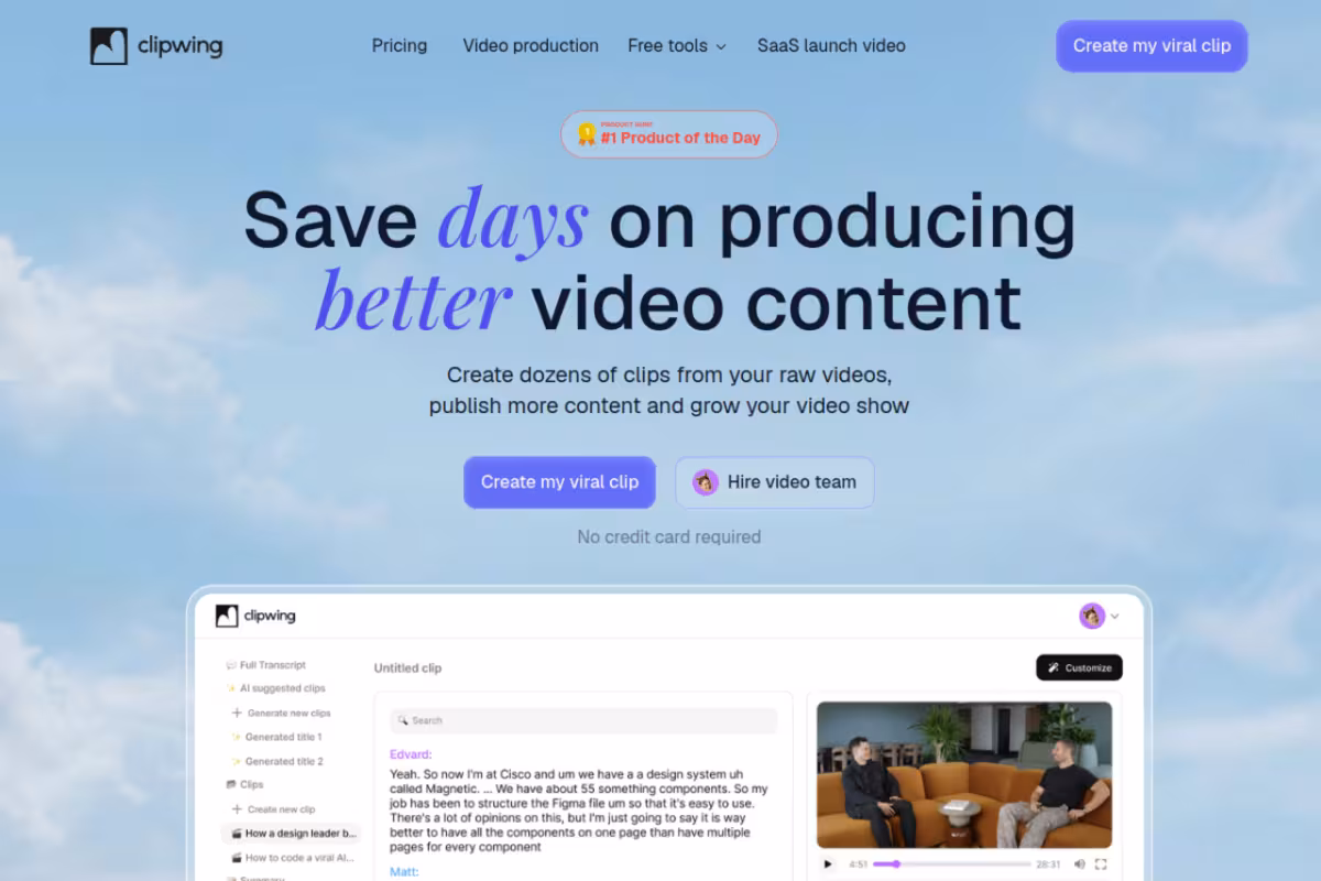Clipwing homepage screenshot