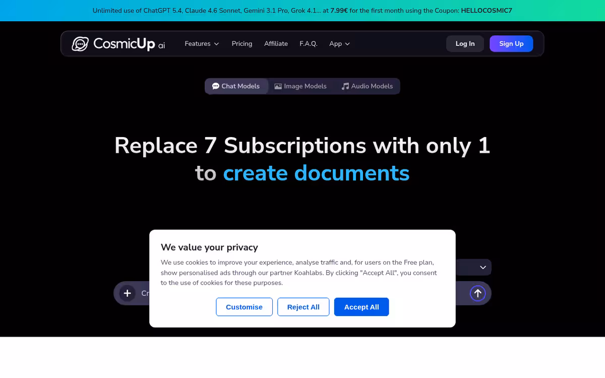 CosmicUp homepage screenshot