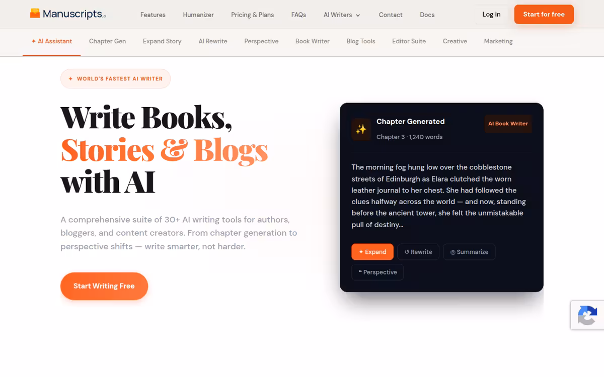 ManuscriptsAI homepage screenshot