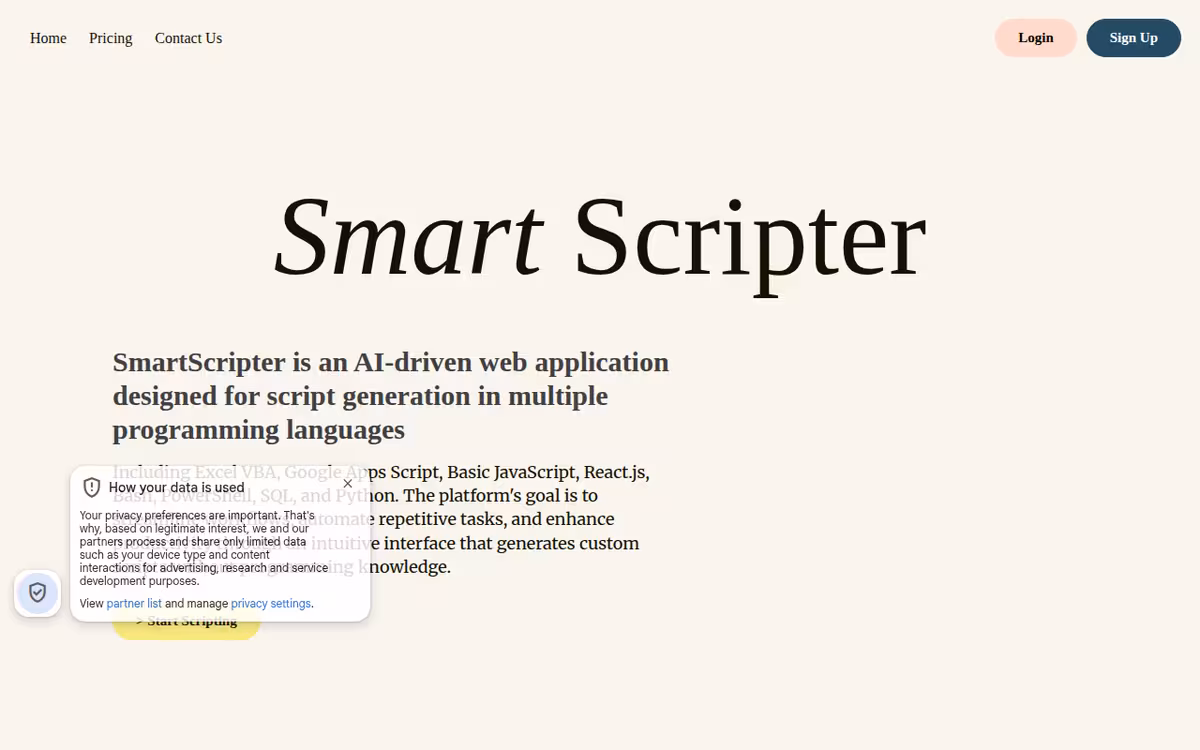 SmartScripter homepage screenshot