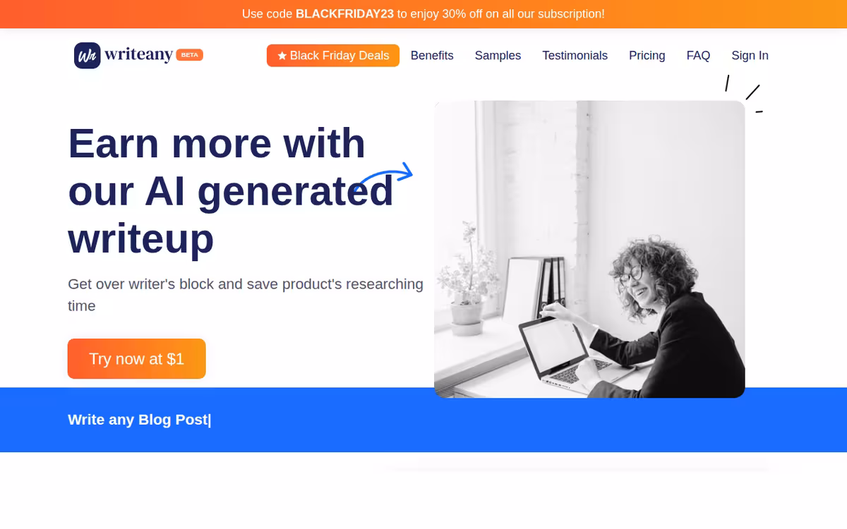 Writeany homepage screenshot