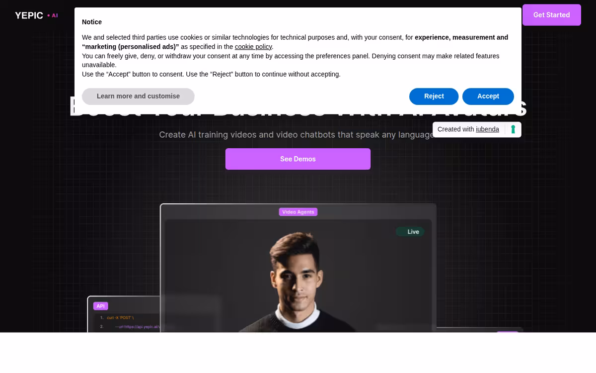 Yepic AI homepage screenshot
