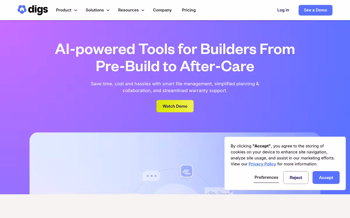 Digs homepage screenshot