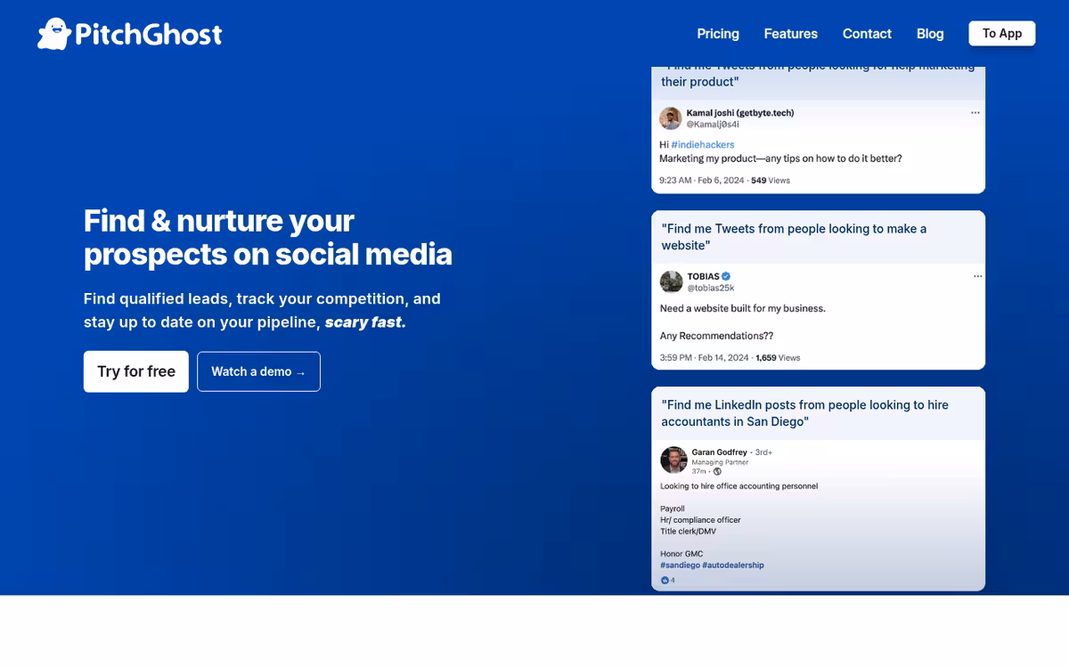 PitchGhost homepage screenshot