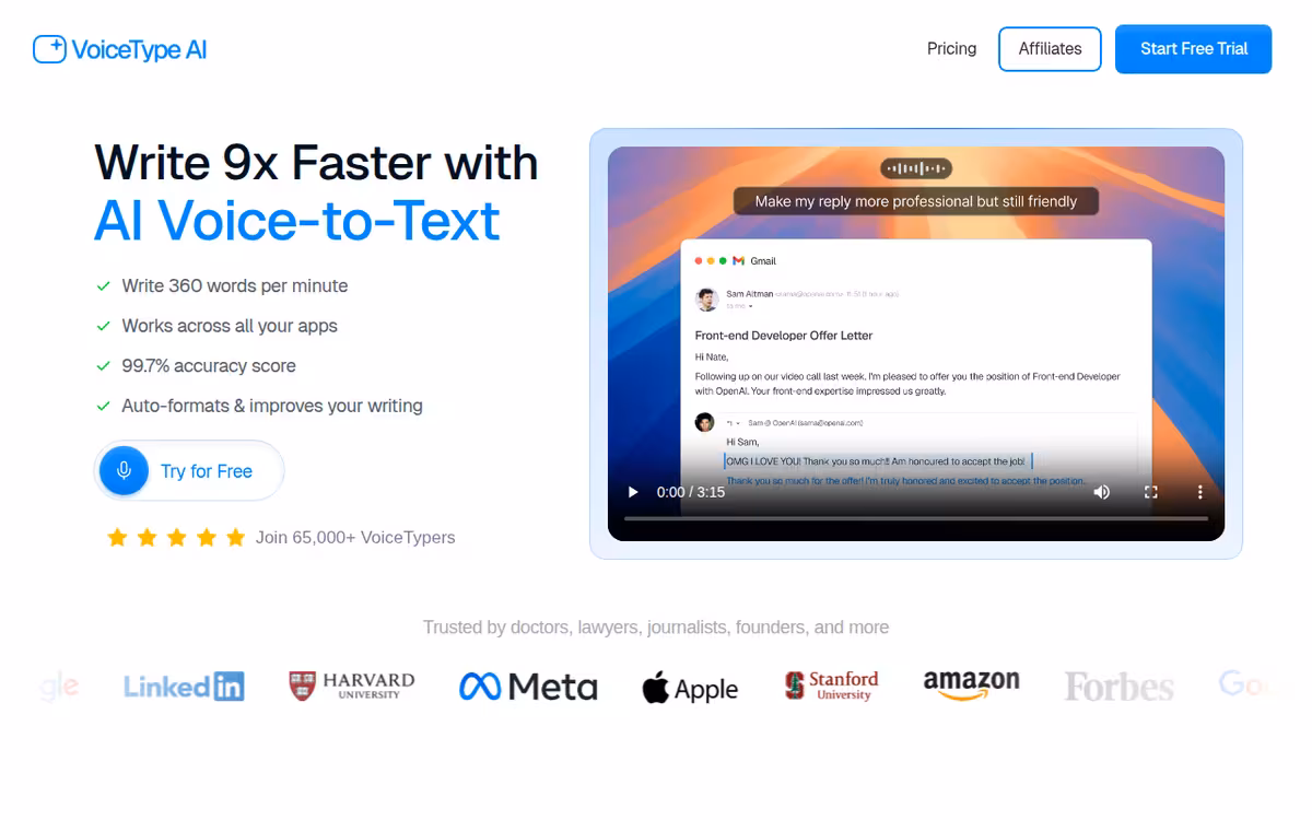 Voicetype AI homepage screenshot