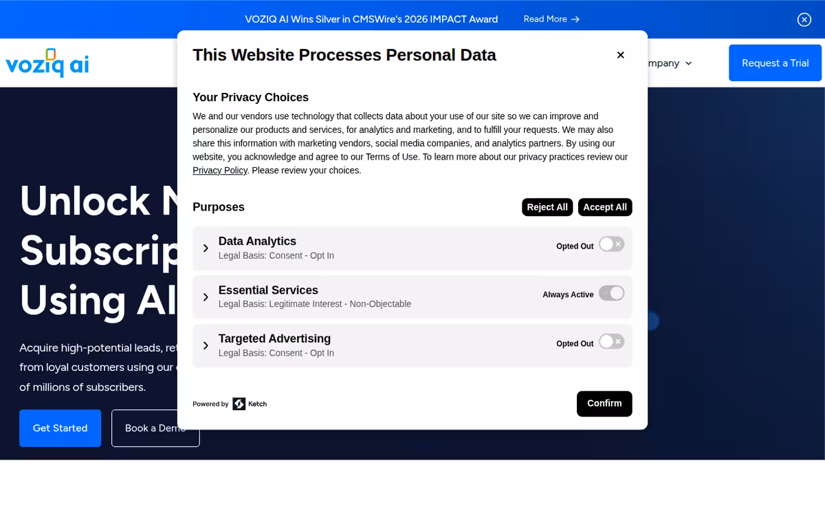 VOZIQ AI homepage screenshot
