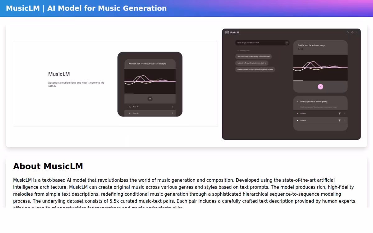 MusicLM by Google homepage screenshot