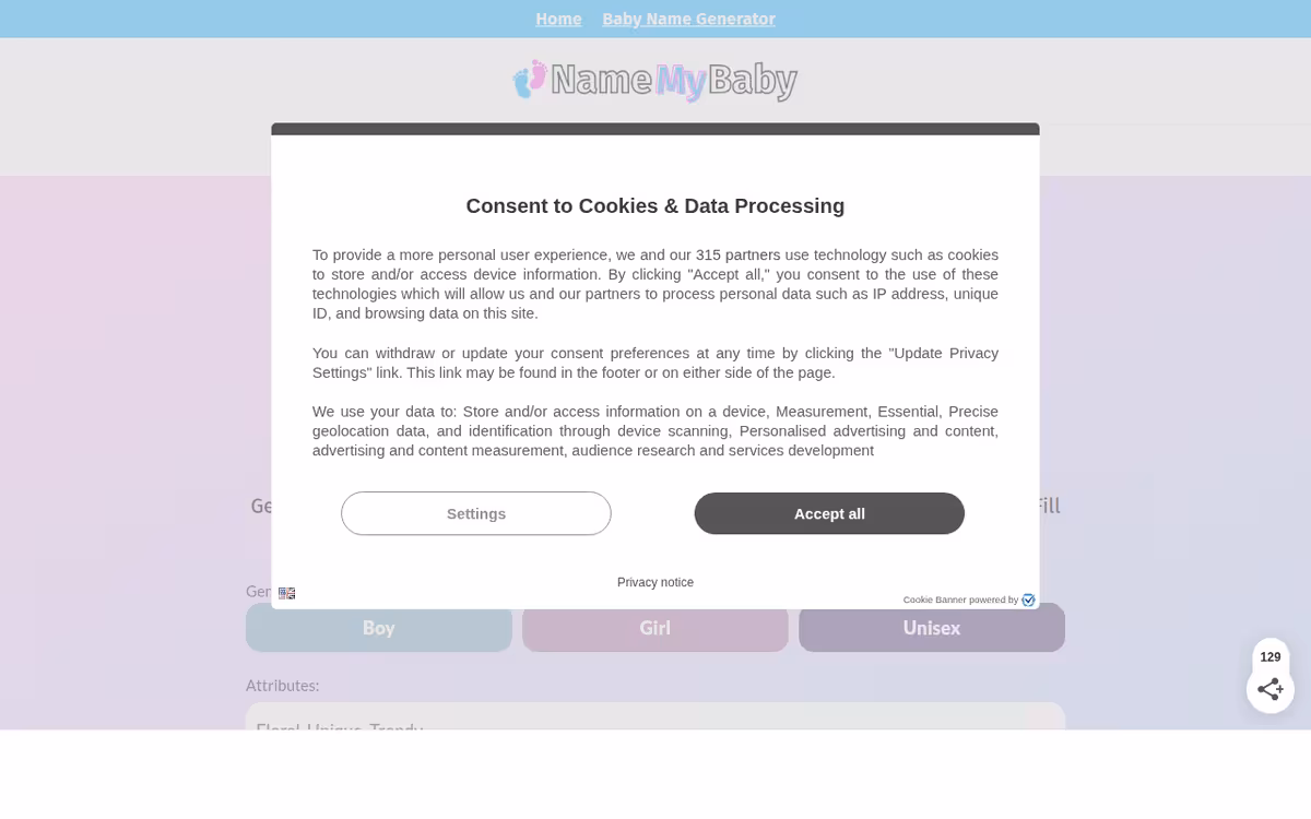 Name My Baby homepage screenshot