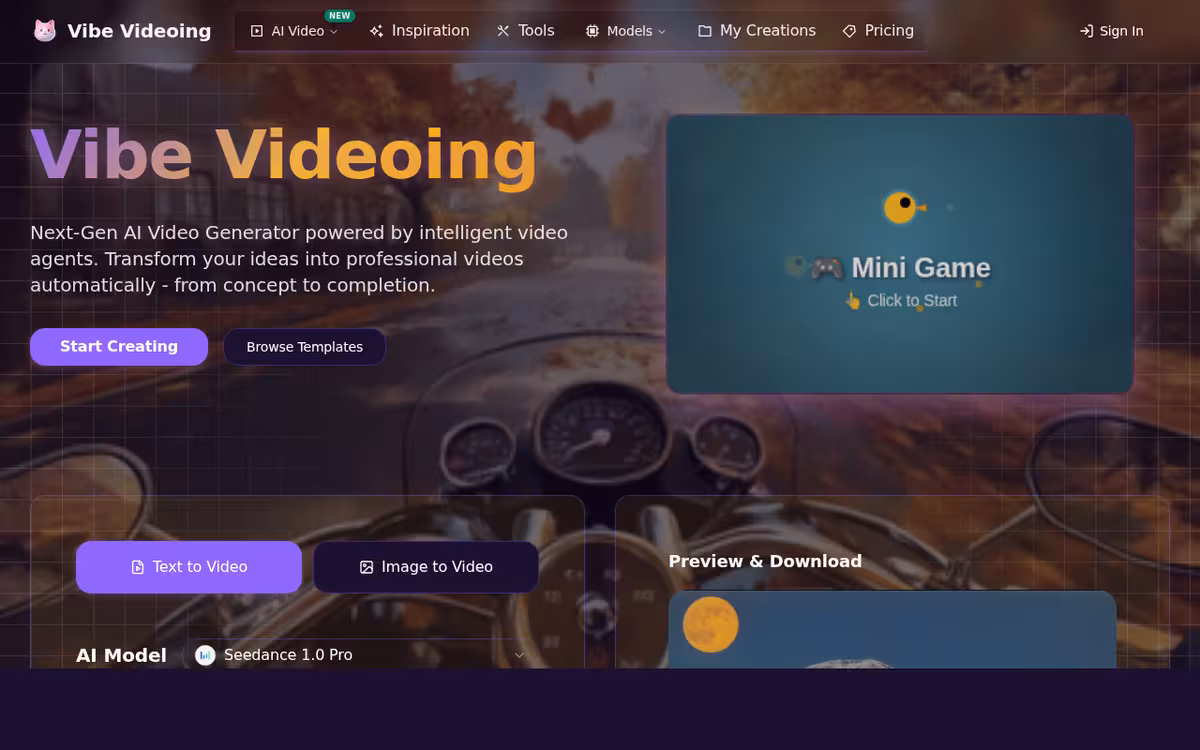 Vibe Videoing homepage screenshot