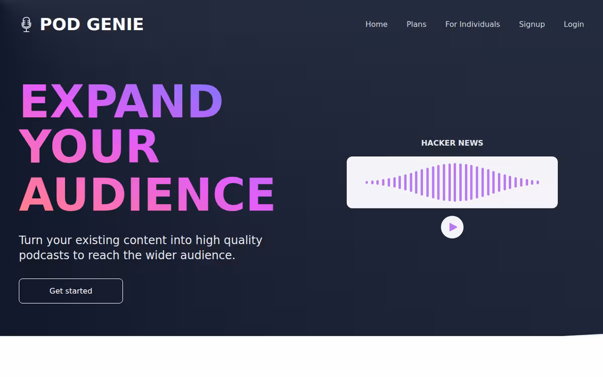 Pod Genie homepage screenshot