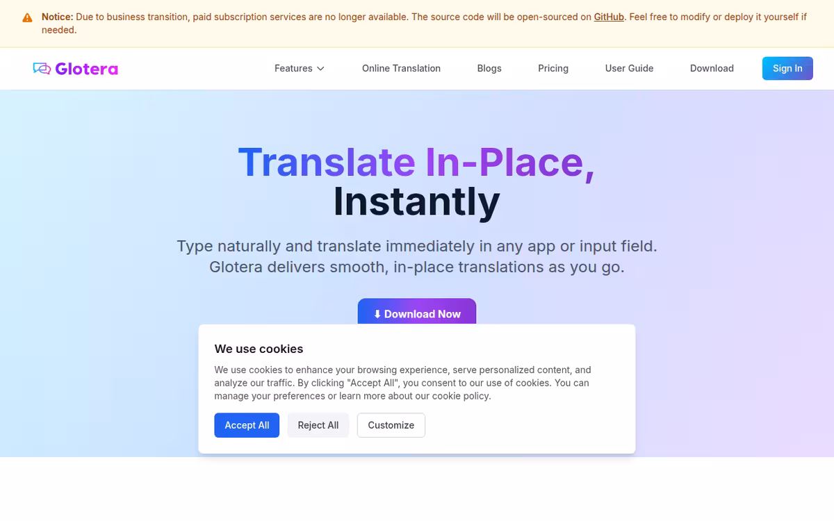 Glotera AI homepage screenshot