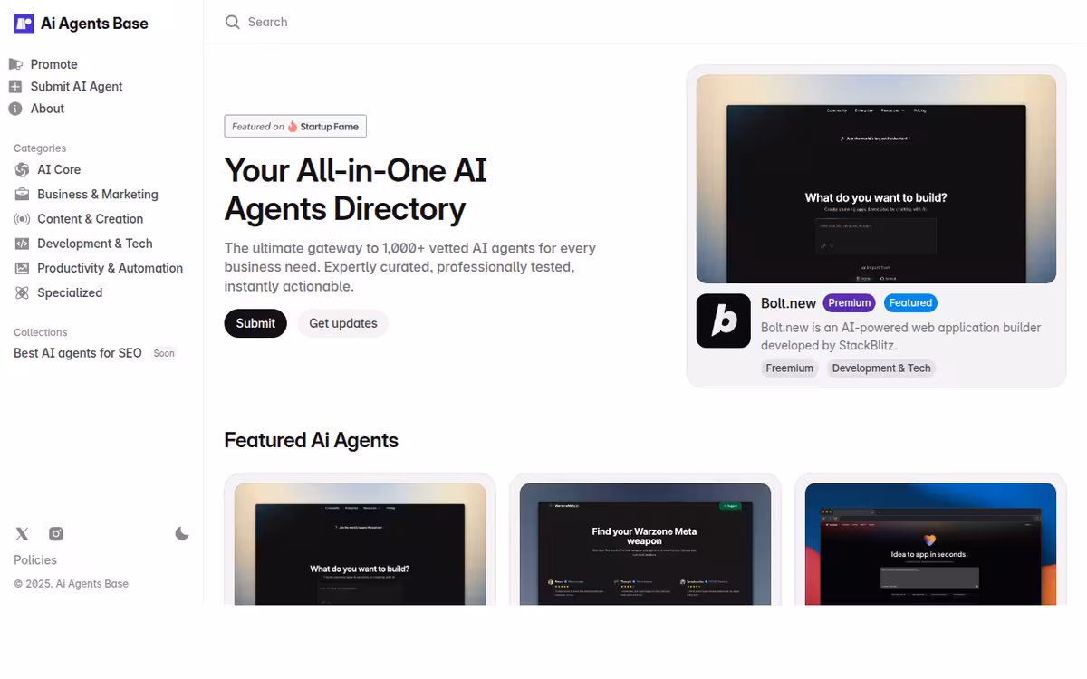 AI Agents Base homepage screenshot