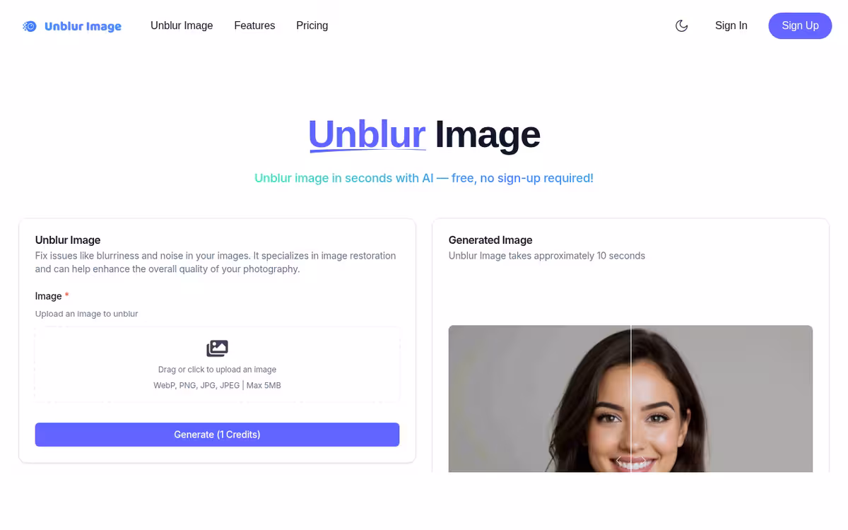 Unblur Img AI homepage screenshot