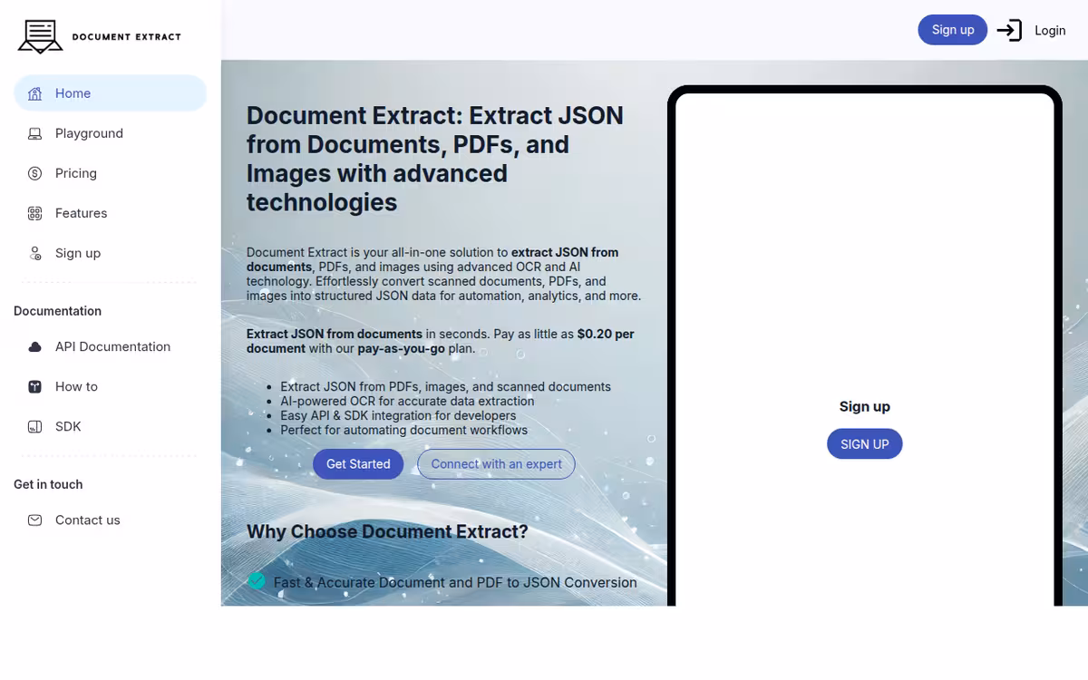 Document Extract homepage screenshot