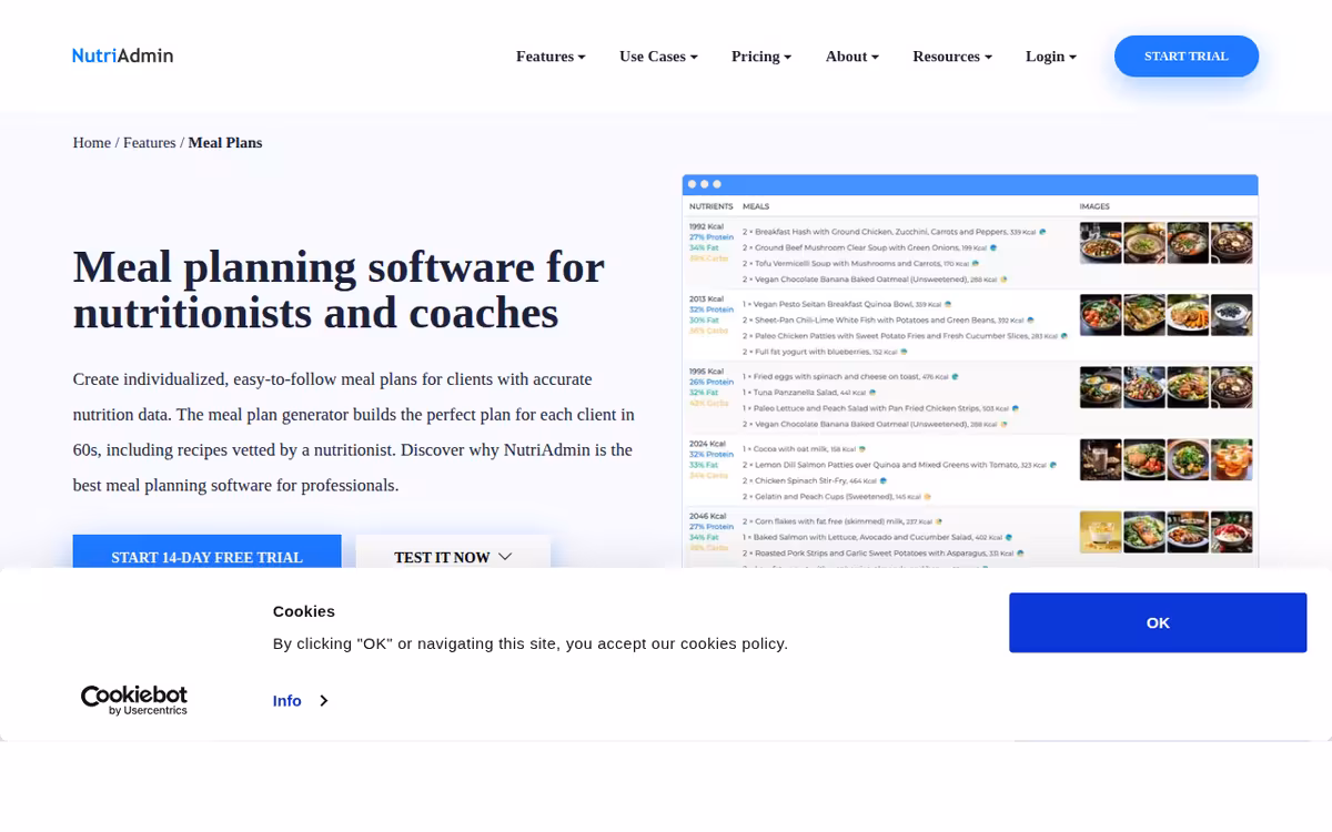 NutriAdmin homepage screenshot