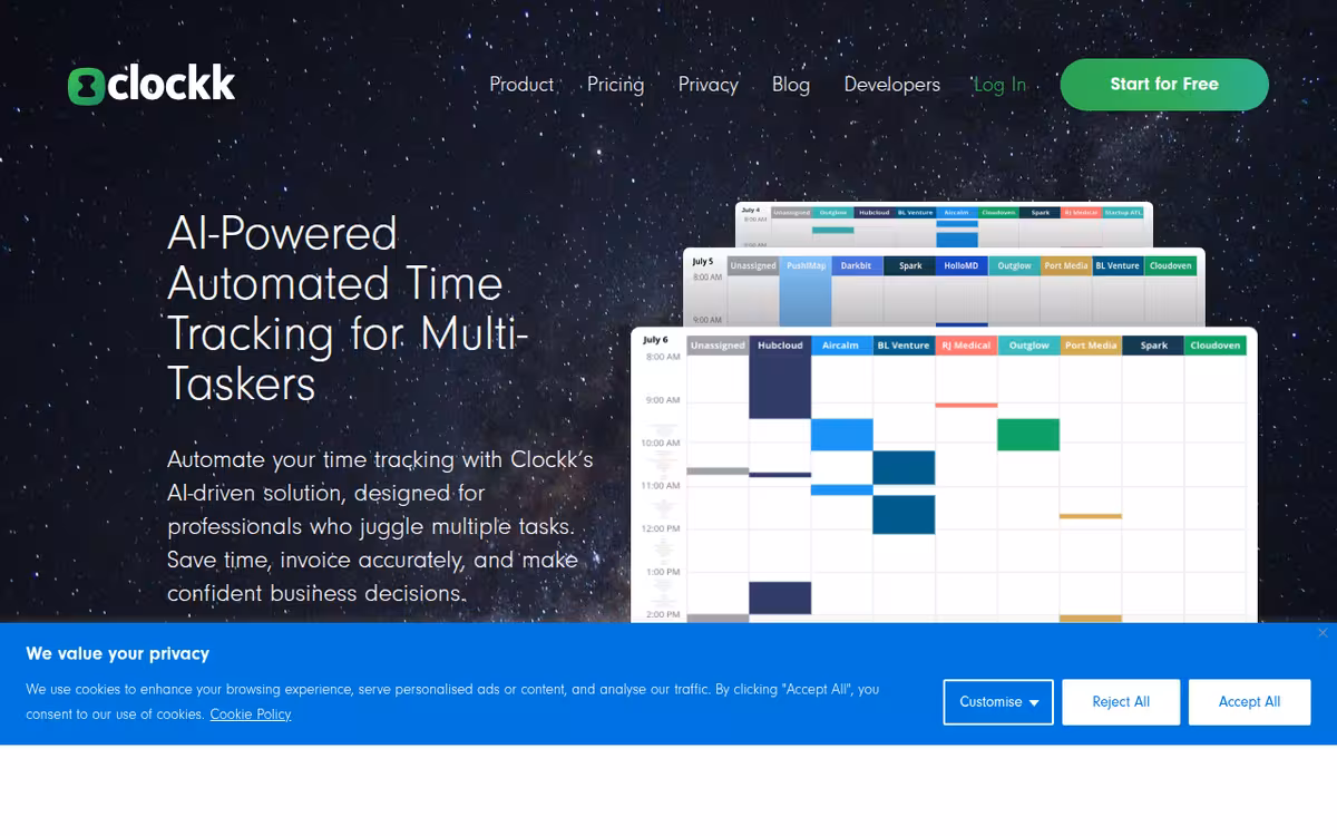 Clockk homepage screenshot