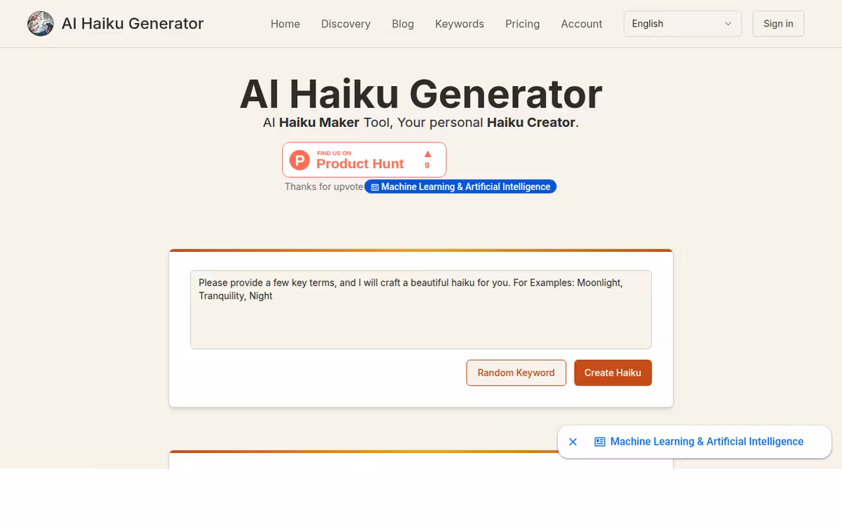 Haiku Generator homepage screenshot