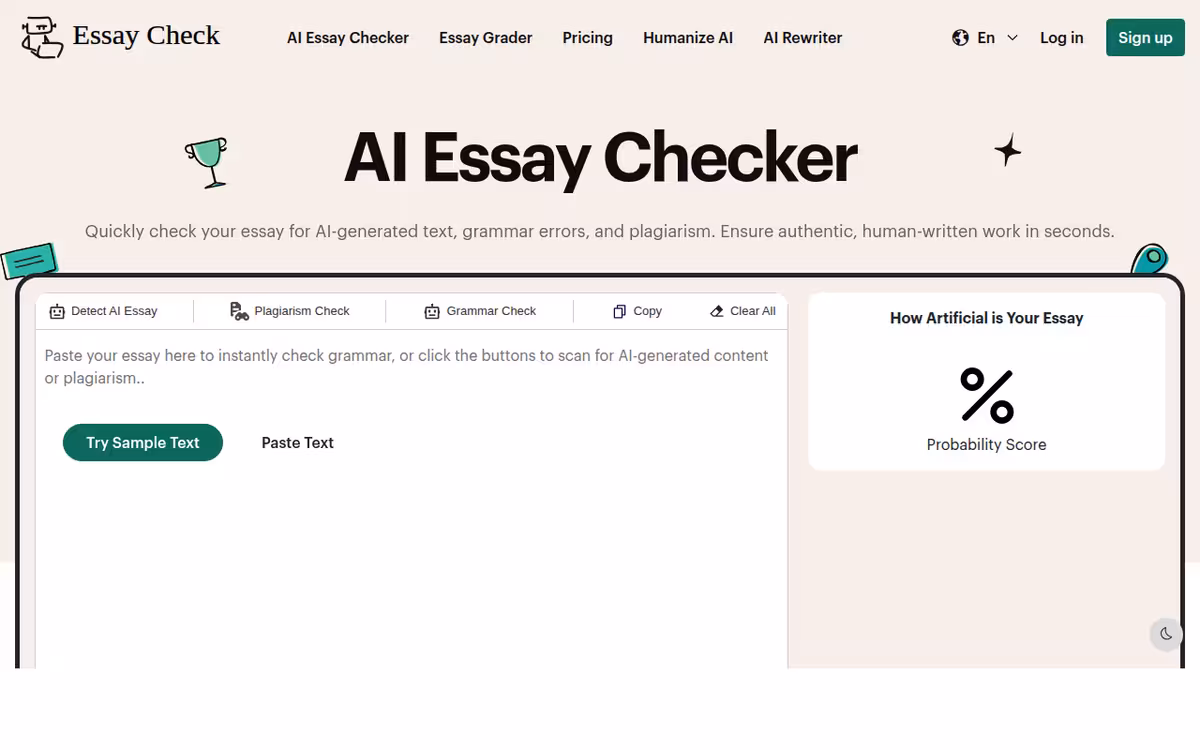 AI Essay Checker homepage screenshot