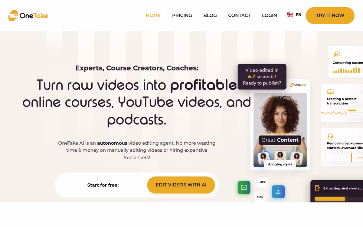 OneTake AI homepage screenshot