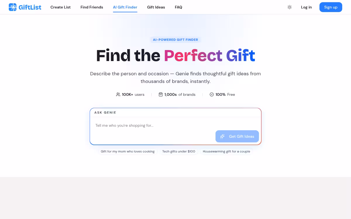 GiftList Genie homepage screenshot