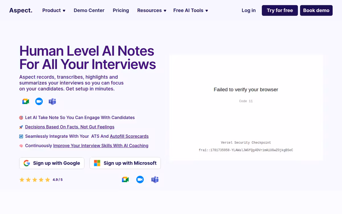 Aspect homepage screenshot