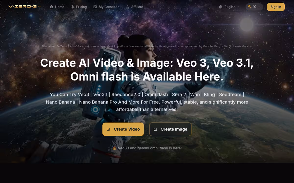 V03 AI Video Generator homepage screenshot