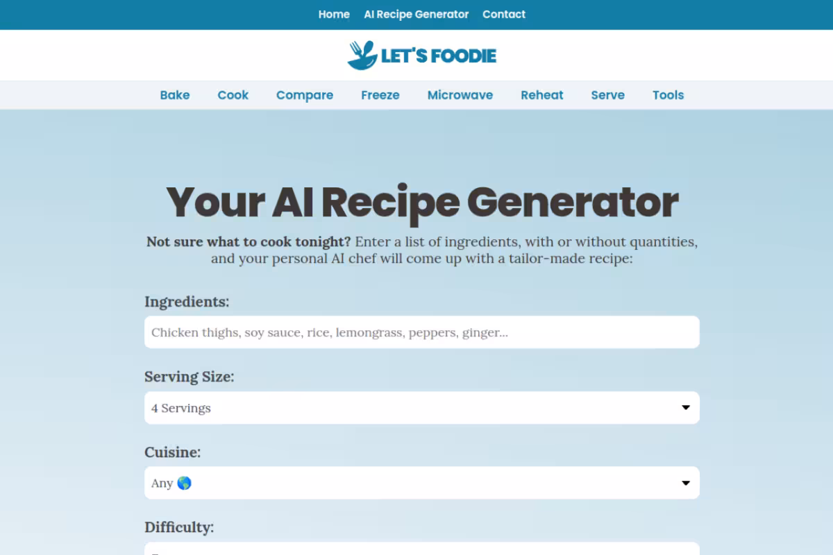 Recipes By AI homepage screenshot