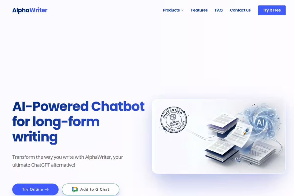 AlphaWriter homepage screenshot