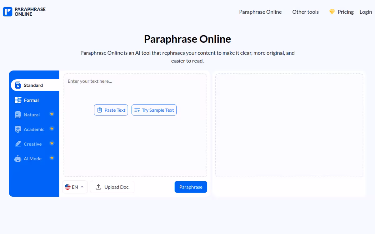 Paraphrase Online homepage screenshot