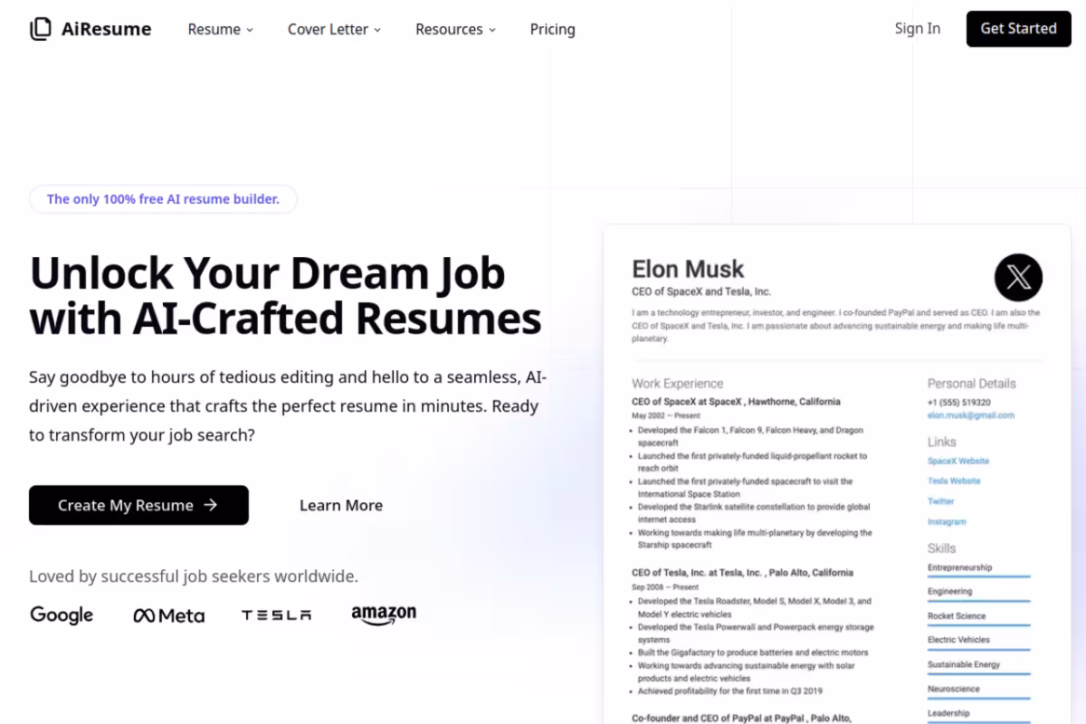 AiResume homepage screenshot