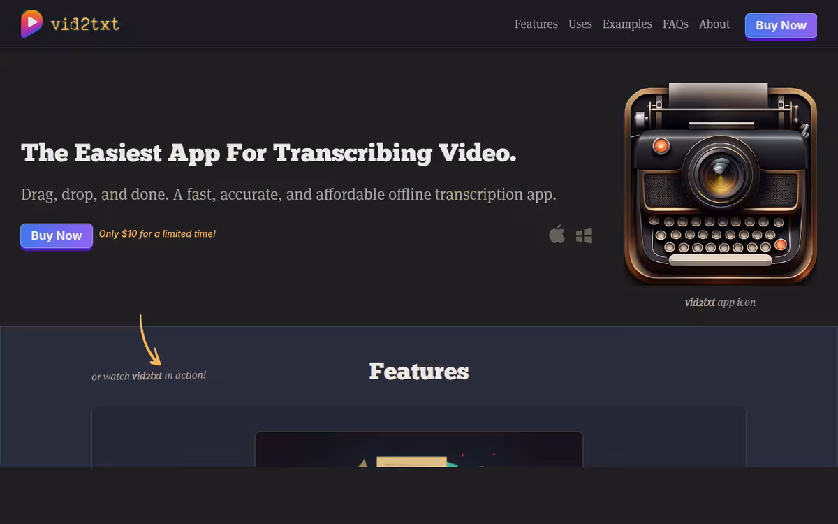 Vid2txt homepage screenshot