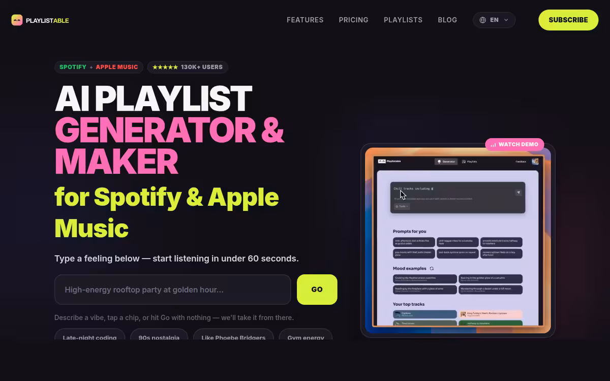 Playlistable homepage screenshot