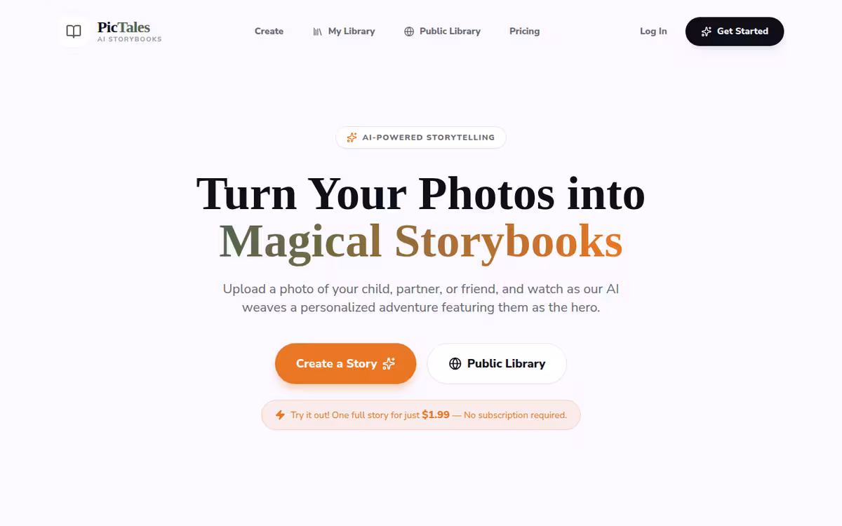 PicTales homepage screenshot