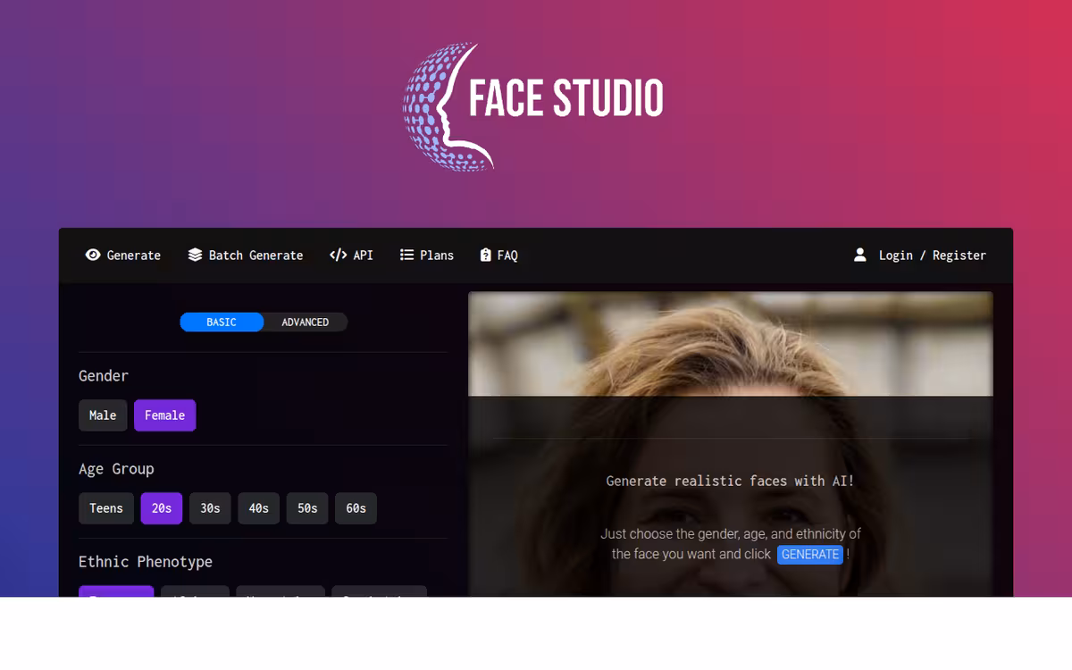 Face Studio homepage screenshot