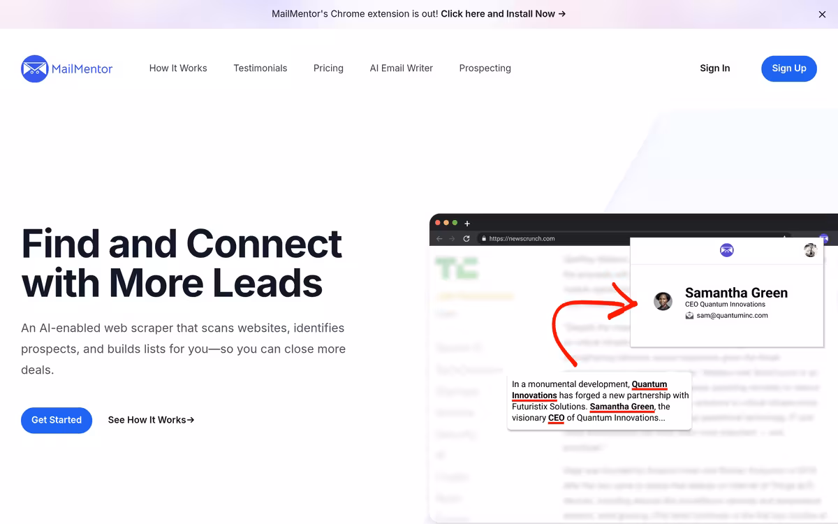 MailMentor homepage screenshot