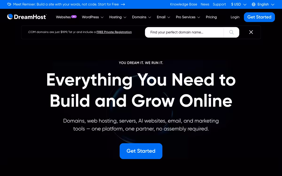 DreamHost homepage screenshot