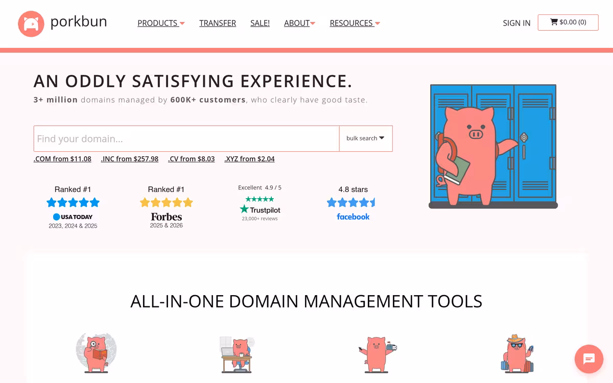 Porkbun homepage screenshot