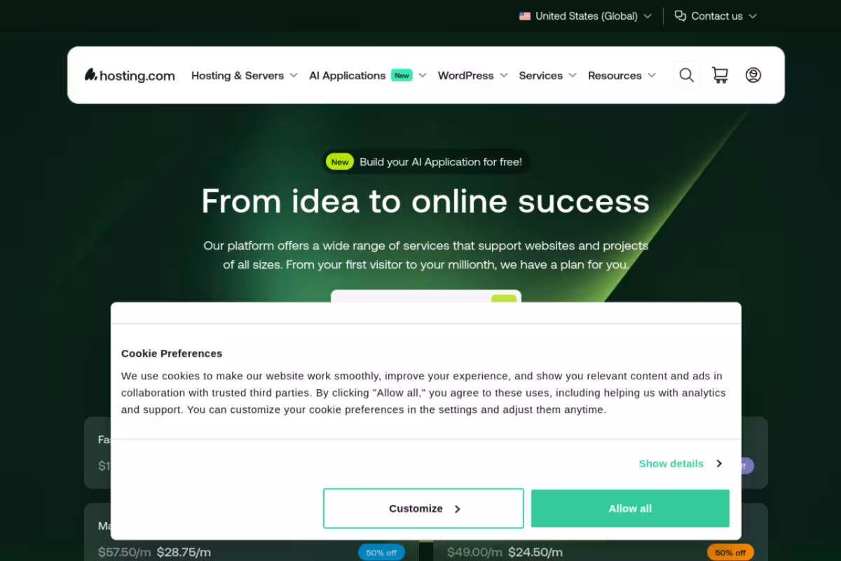 Hosting.com homepage screenshot