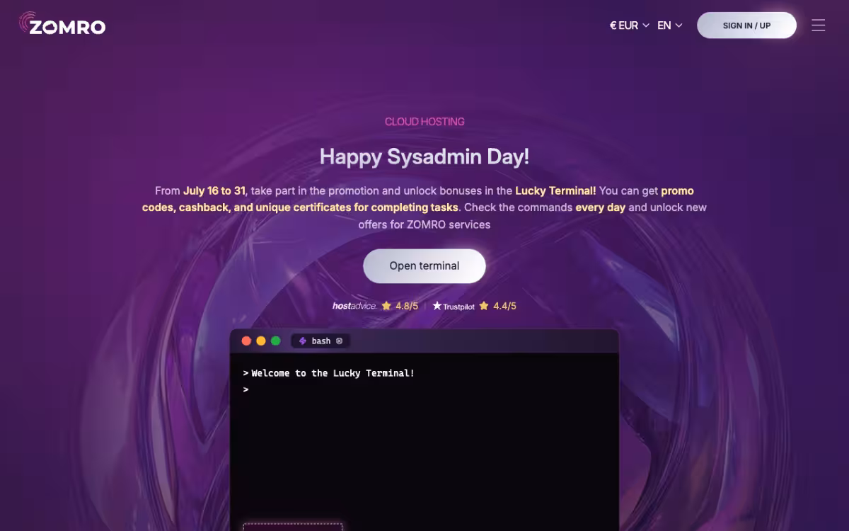 Zomro homepage screenshot