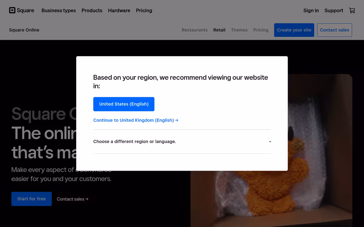 Square Online homepage screenshot