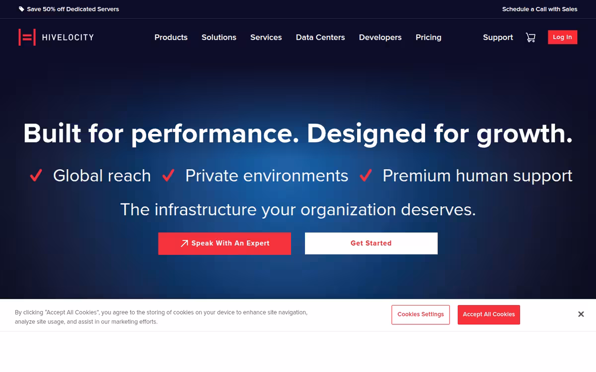 Hivelocity homepage screenshot
