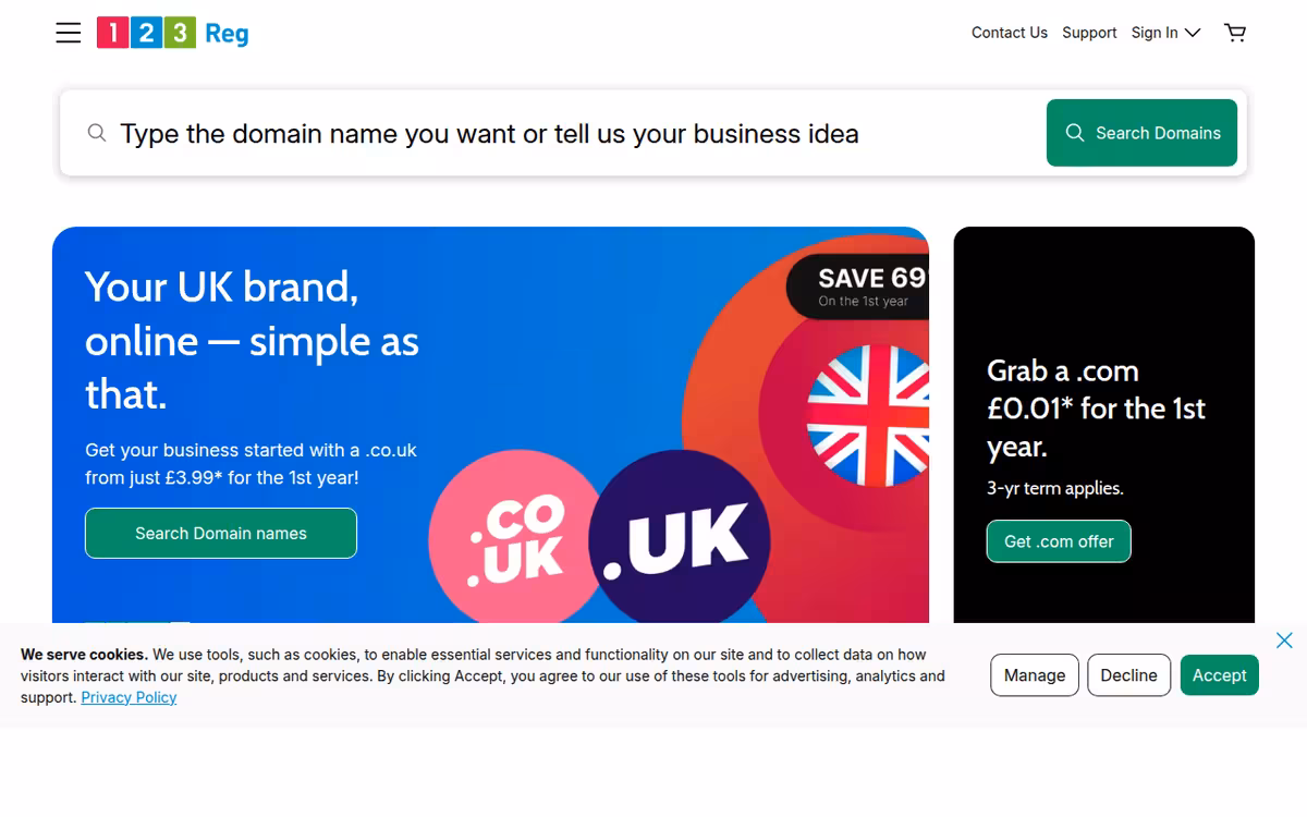 123 Reg homepage screenshot