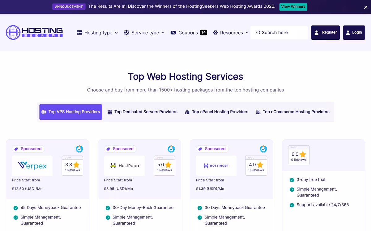 HostingSeekers (directory) homepage screenshot