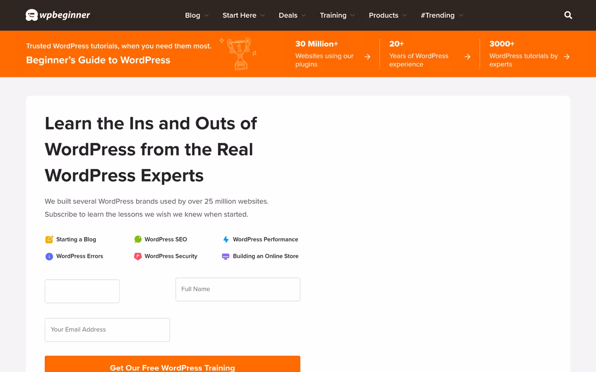 WPBeginner (market‑share research) homepage screenshot