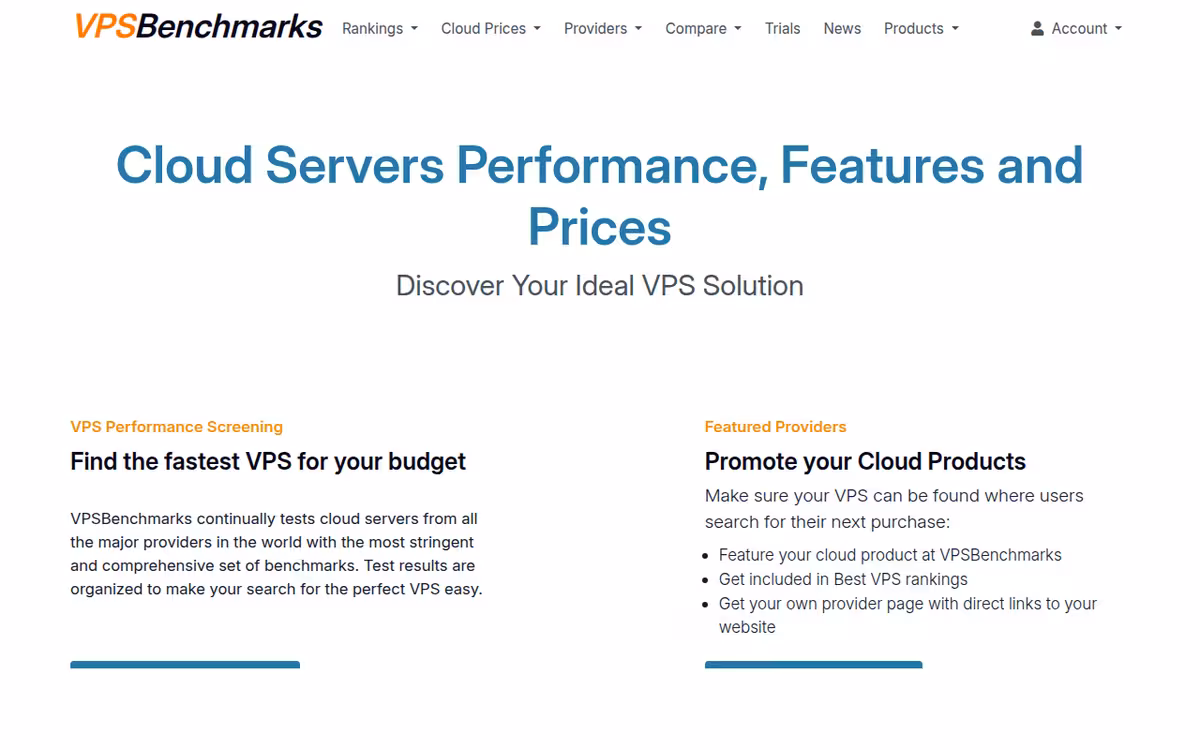 VPSBenchmarks (benchmarking platform) homepage screenshot
