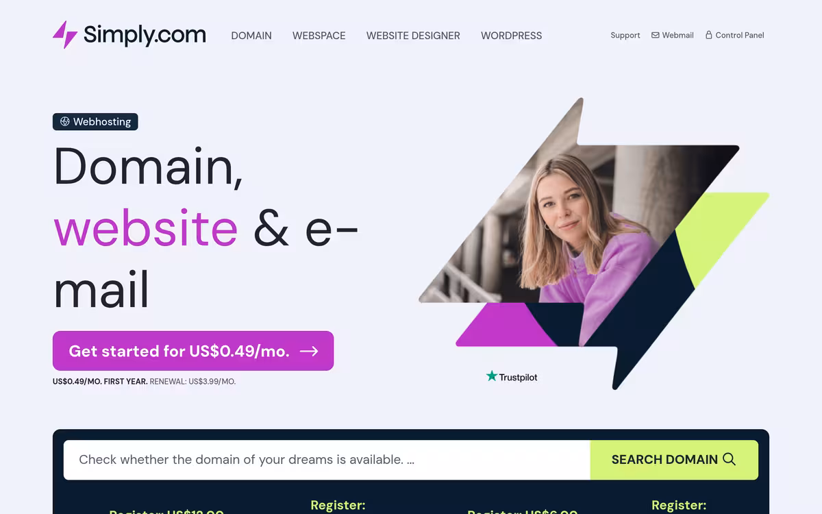 Simply.com homepage screenshot